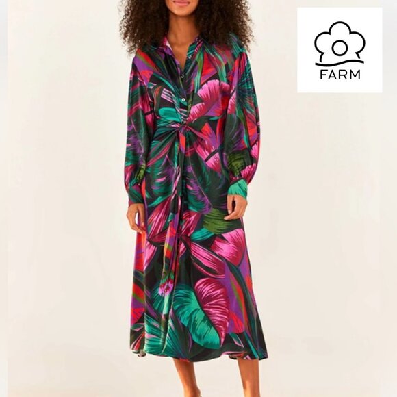 FARM Rio Dresses & Skirts - Farm Rio Midnight Leaves Shirt Dress • Silky Viscose • Beaded Belt • Size Small